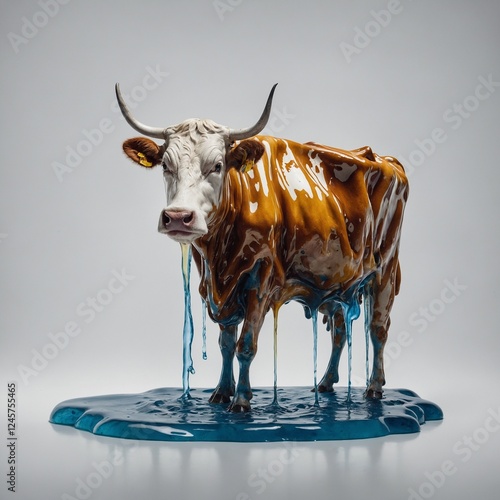 A cow in a chef’s hat, holding a frying pan, white background.