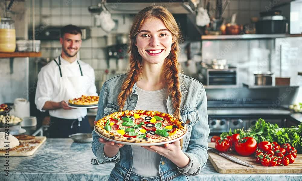 Young happy woman in the kitchen with pizza. Young happy woman in the kitchen with pizza.