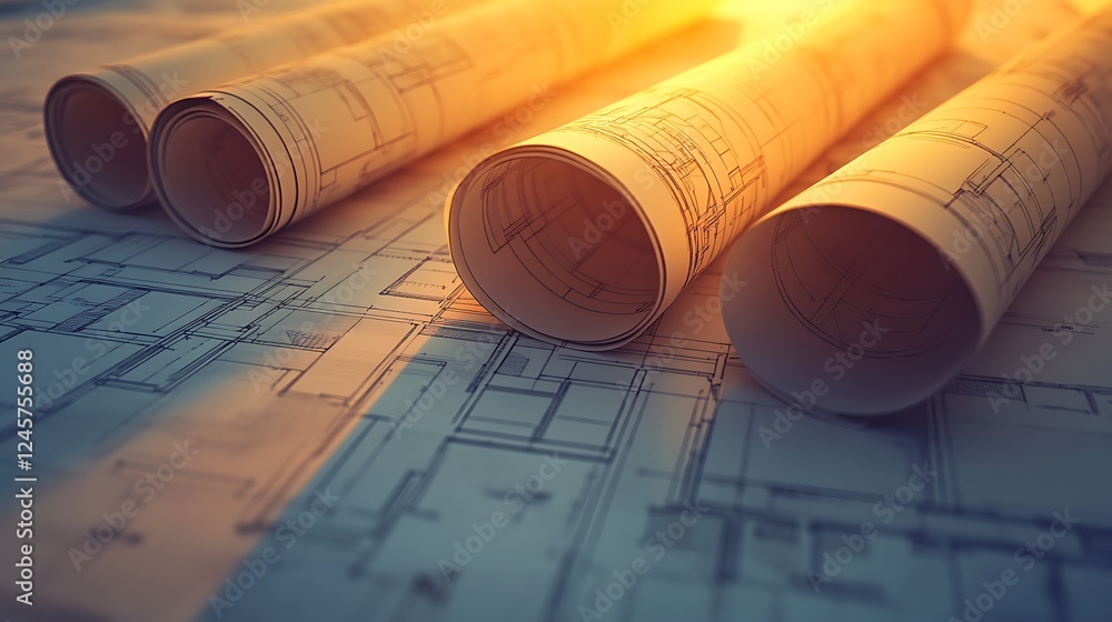 Rolled blueprints and drafting tools scattered on architects wooden table Rolled blueprints and drafting tools scattered on architects wooden table