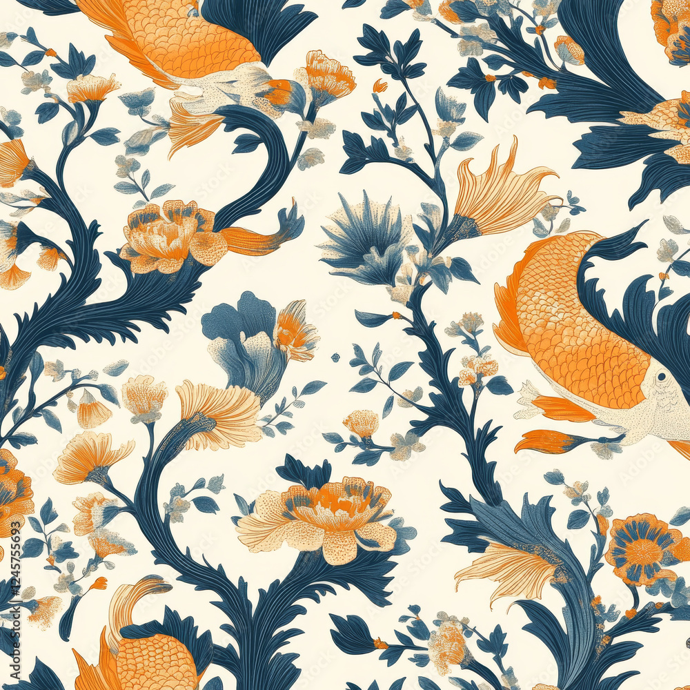 Naklejka premium Seamless pattern with koi fish and floral design