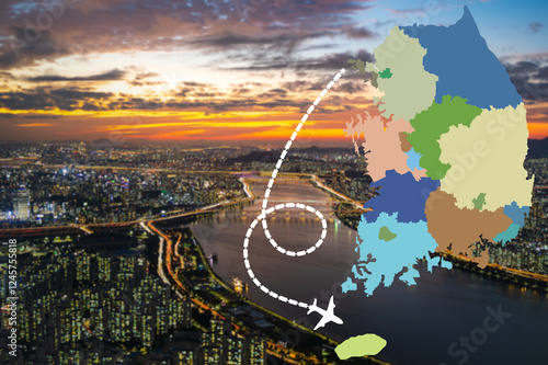 Map of South Korea showing flight routes from Incheon International Airport to Jeju Island.And aerial photograph of Seoul in the background. photo