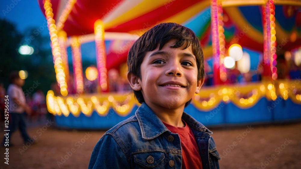 Joyful moments at a colorful carnival with children playing and laughing under festive lights during a summer evening Joyful moments at a colorful carnival with children playing and laughing under festive lights during a summer evening