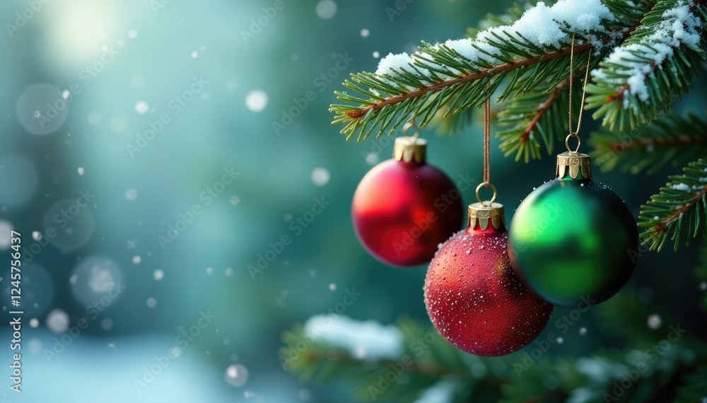 Snowy pine branch with festive red and green glass ornaments hanging from it, evergreen, festive christmas baubles Snowy pine branch with festive red and green glass ornaments hanging from it, evergreen, festive christmas baubles