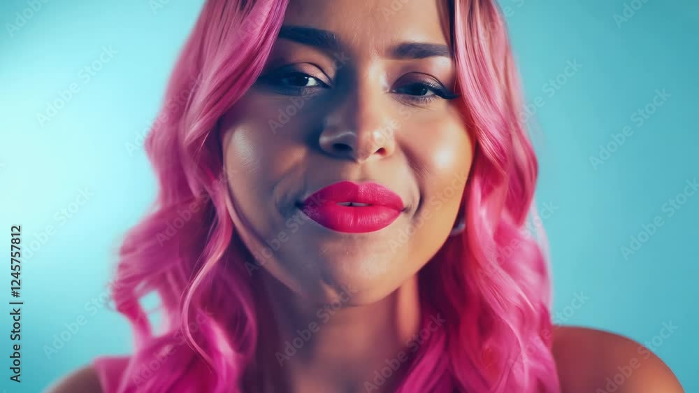 Static close-up video of a woman with bright pink hair expressing playful mischief, dramatic side lighting, blurred light blue background, her eyes twinkle with amusement, she raises an eyebrow Static close-up video of a woman with bright pink hair expressing playful mischief, dramatic side lighting, blurred light blue background, her eyes twinkle with amusement, she raises an eyebrow
