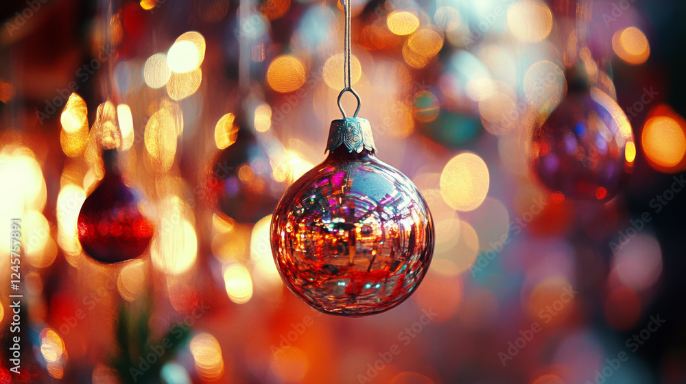 Festive red ornament with glowing bokeh lights background Festive red ornament with glowing bokeh lights background