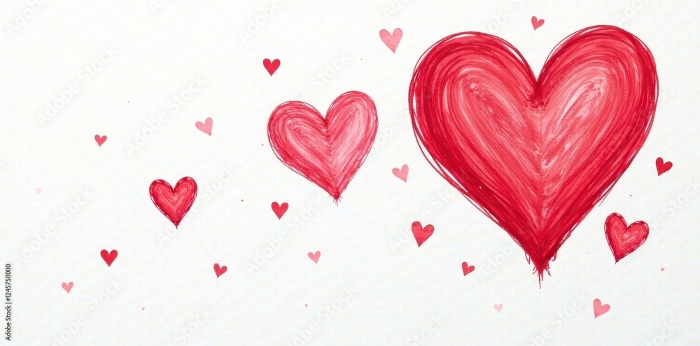 Hand-drawn red scribble hearts on white background, red, pattern Hand-drawn red scribble hearts on white background, red, pattern