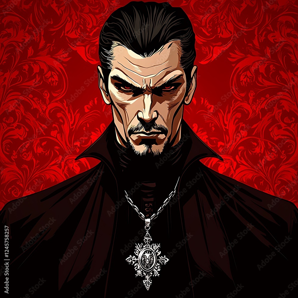 Portrait of a Mysterious Man with Red Eyes and a Silver Pendant Against a Red Damask Background. Portrait of a Mysterious Man with Red Eyes and a Silver Pendant Against a Red Damask Background.