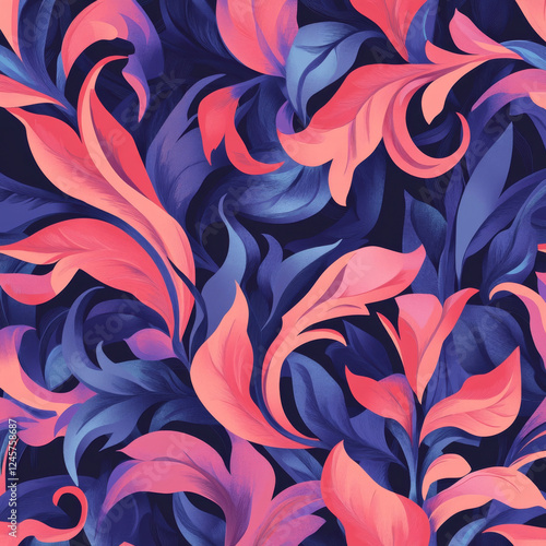 Vibrant floral pattern with pink and blue leaves
