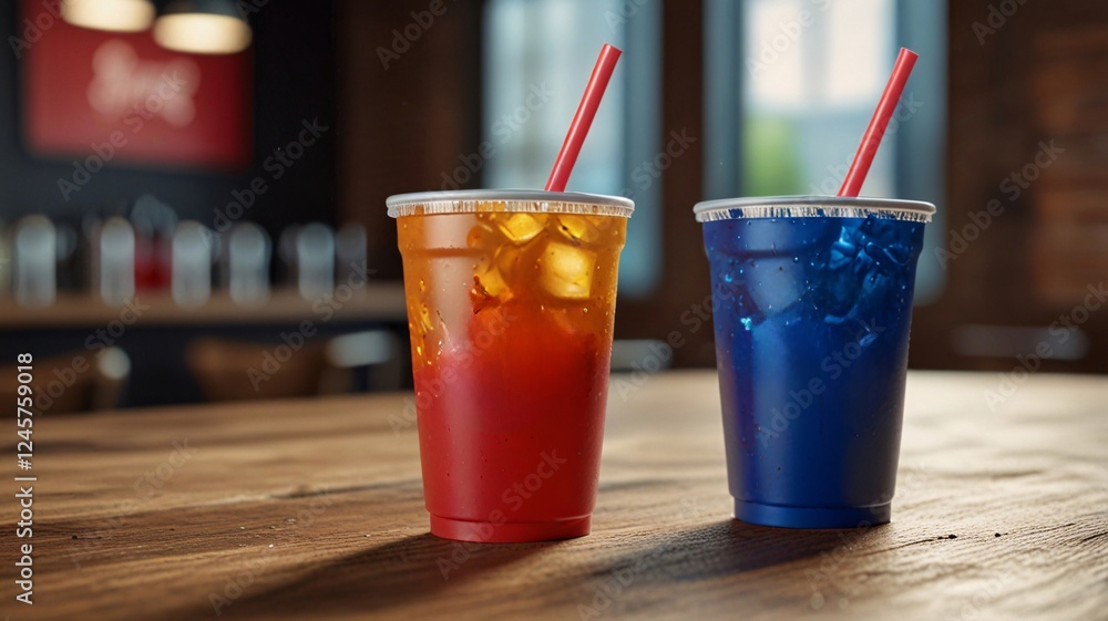 Vibrant Duo: Refreshing Cold Drinks on a Wooden Tabletop Backdrop Vibrant Duo: Refreshing Cold Drinks on a Wooden Tabletop Backdrop