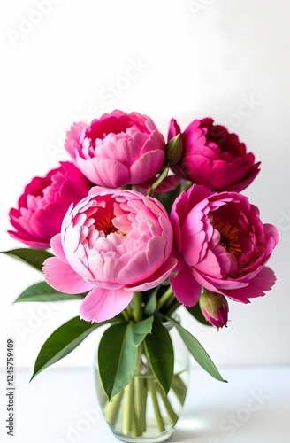Bouquet of pink and red peonies in a vase on a white background, suitable for floral designs and postcards