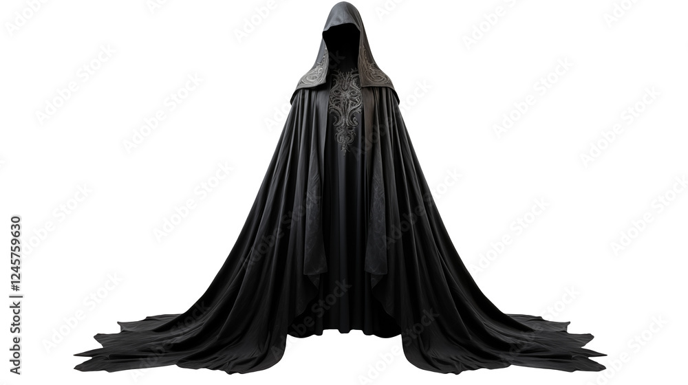 Mysterious Black Cloak with Elegant Design for Use in Fantasy Themes and Costume Creations Mysterious Black Cloak with Elegant Design for Use in Fantasy Themes and Costume Creations