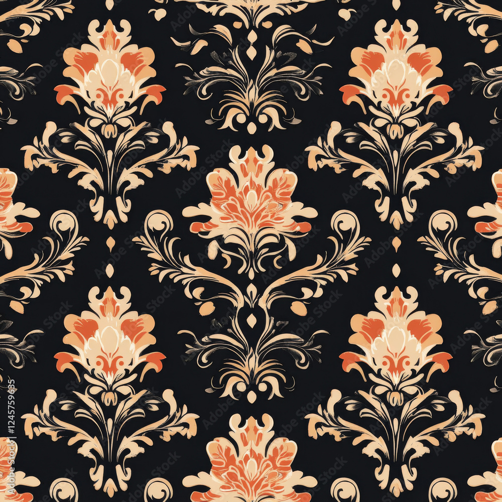 Fototapeta premium Elegant floral damask pattern with orange accents