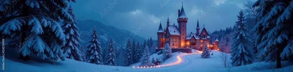 Obraz premium Snowy forest surrounding the castle with twinkling lights, snow, illuminated, winter