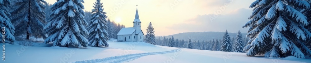 Snowy forest landscape with a serene church in the background, tranquil, church, calm Snowy forest landscape with a serene church in the background, tranquil, church, calm