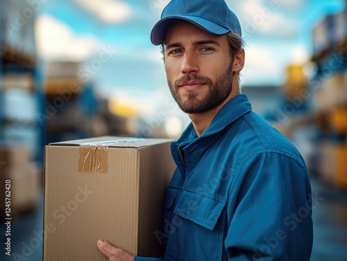 Logistics Delivery Staff Man in Blue Uniform Carrying Cardboard Box with Clear Blue Sky and Fluffy Clouds photo