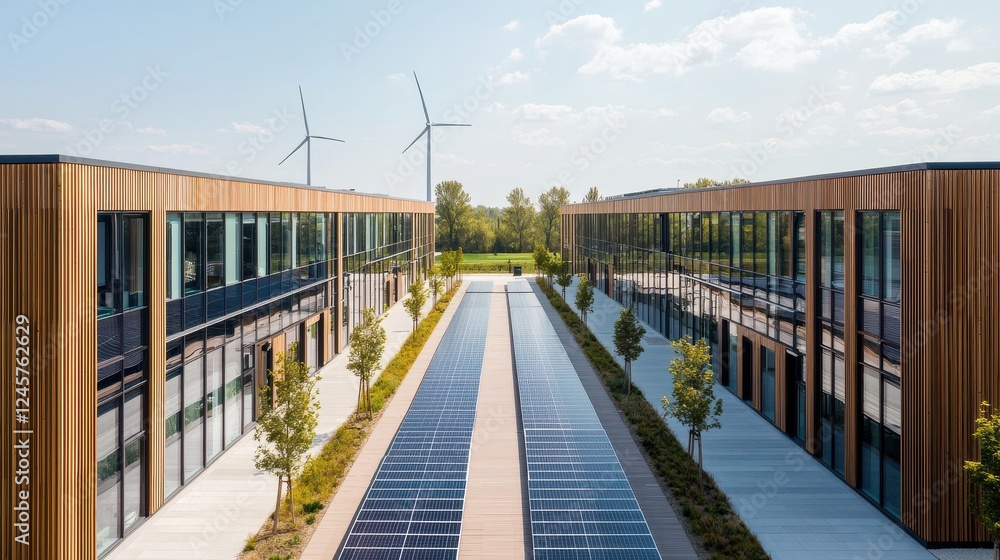 Naklejka premium Innovative renewable energy solutions modern architecture sustainable design urban environment aerial view future concepts