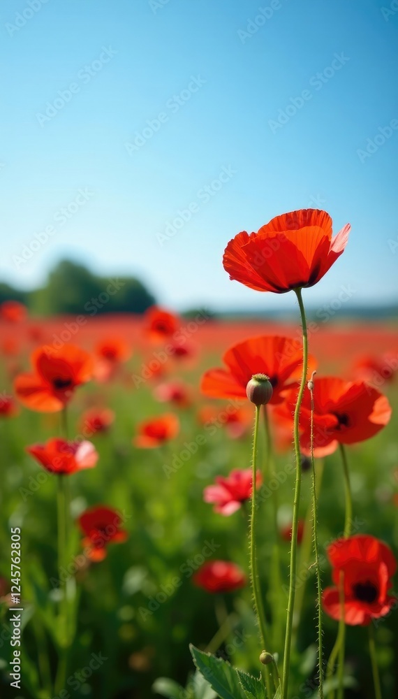 Blooming red corn poppies against the clear blue, spring, field Blooming red corn poppies against the clear blue, spring, field