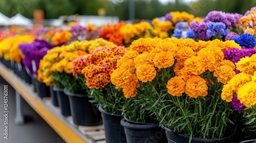 Wallpaper Mural Colorful flower market stall, summer blooms, outdoor sales, blurry background Torontodigital.ca