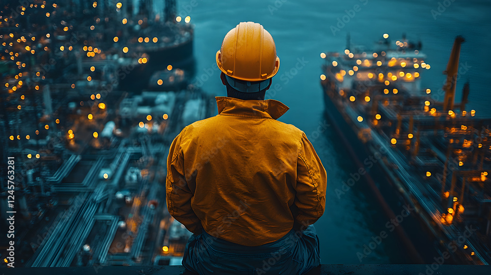 Worker overlooking an industrial harbor at twilight Worker overlooking an industrial harbor at twilight