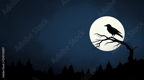 A silhouetted crow perched on a branch under a full moon in a dark forest setting