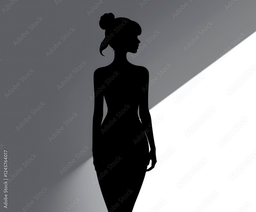 A graceful silhouette of a girl stands in a minimalist design, embodying femininity and strength against a contrasting background while celebrating womanhood A graceful silhouette of a girl stands in a minimalist design, embodying femininity and strength against a contrasting background while celebrating womanhood