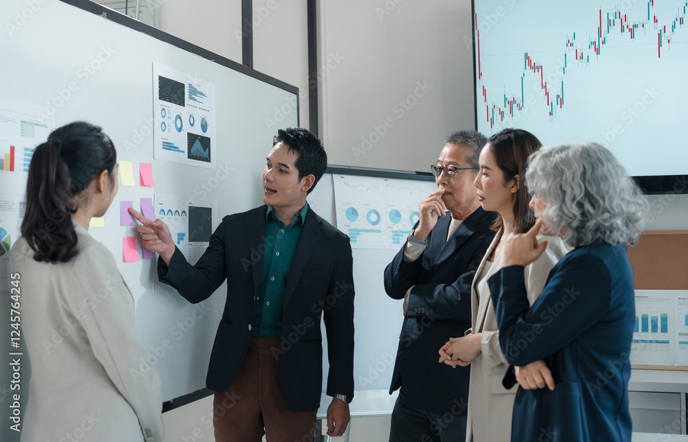 Diverse group of business professionals reviewing data and discussing strategies in modern office, fostering collaboration and informed decision-making Diverse group of business professionals reviewing data and discussing strategies in modern office, fostering collaboration and informed decision-making