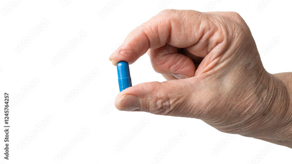 Senior female hand holding one blue medicine capsule, antibiotic pills, vitamins, or painkillers, isolated on a transparent background. Healthcare and treatment concept Senior female hand holding one blue medicine capsule, antibiotic pills, vitamins, or painkillers, isolated on a transparent background. Healthcare and treatment concept