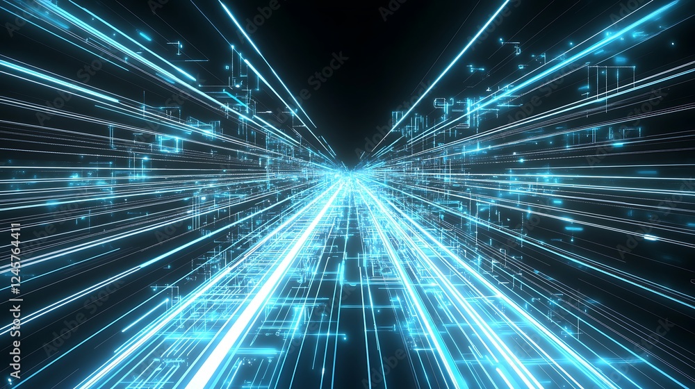 A clean and futuristic 2D electronic circuit illustration with radiant pathways in bright blue and white, creating a mesmerizing network effect. A clean and futuristic 2D electronic circuit illustration with radiant pathways in bright blue and white, creating a mesmerizing network effect.