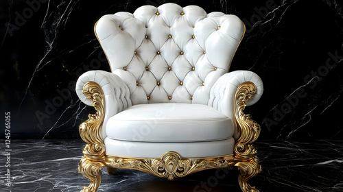 Luxurious white armchair, gold trim, marble background; interior design photo