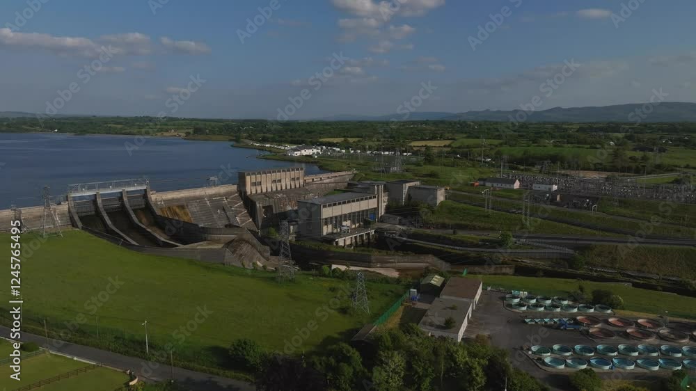 Ballyshannon, County Donegal, Ireland, June 2023. Drone orbits counter clockwise across hydroelectric power station and dam infrastructure with mountains in the distance. Ballyshannon, County Donegal, Ireland, June 2023. Drone orbits counter clockwise across hydroelectric power station and dam infrastructure with mountains in the distance.