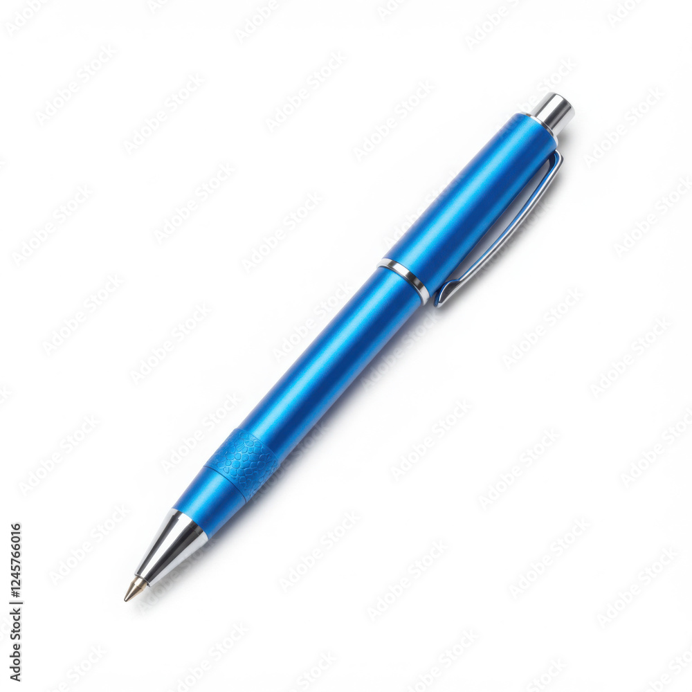 Sleek blue ballpoint pen with a retractable tip for smooth and precise writing,isolated on white Sleek blue ballpoint pen with a retractable tip for smooth and precise writing,isolated on white