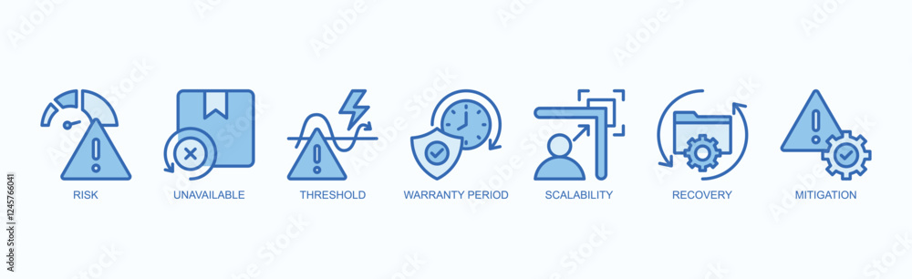 Key Concepts In Risk Management Icon Set Isolated Vector Illustration Concept With Icon Of Risk, Unavailable, Threshold, Warranty Period, Scalability, Recovery, Mitigation In Blue Style Key Concepts In Risk Management Icon Set Isolated Vector Illustration Concept With Icon Of Risk, Unavailable, Threshold, Warranty Period, Scalability, Recovery, Mitigation In Blue Style
