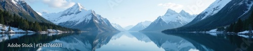 Wallpaper Mural Snowy mountain peaks reflected in a serene fjord, peaceful, fjords, pine Torontodigital.ca