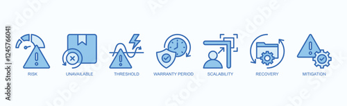 Key Concepts In Risk Management Icon Set Isolated Vector Illustration Concept With Icon Of Risk, Unavailable, Threshold, Warranty Period, Scalability, Recovery, Mitigation In Blue Style
