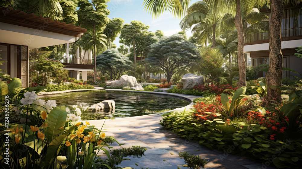 Serene Tropical Garden with Lush Greenery and a Tranquil Pond Serene Tropical Garden with Lush Greenery and a Tranquil Pond