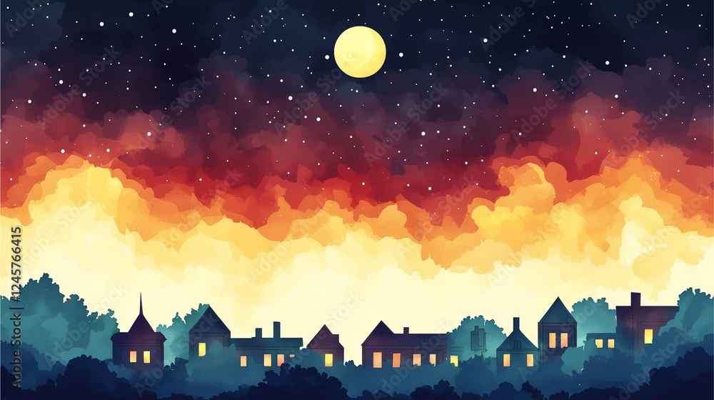 Fototapeta premium A serene night scene depicting silhouetted houses against a starry sky with a glowing moon and vibrant clouds in shades of red and orange.