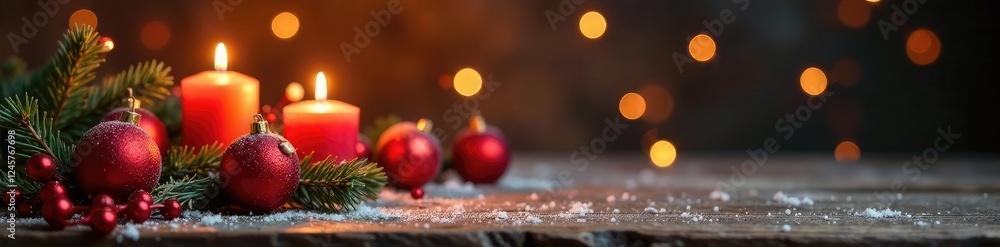Palle rosse e vassoio di legno natale con candele, natal, balls, festive Palle rosse e vassoio di legno natale con candele, natal, balls, festive