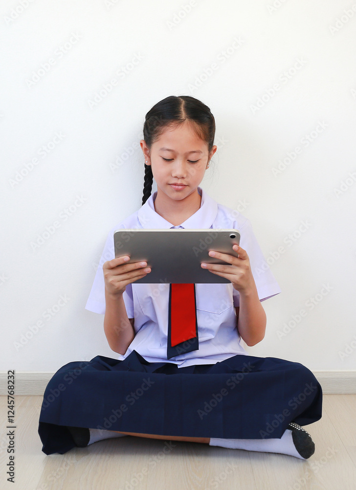 Portrait Asian schoolgirl in school uniform using tablet computer while sitting in the white room. Portrait Asian schoolgirl in school uniform using tablet computer while sitting in the white room.
