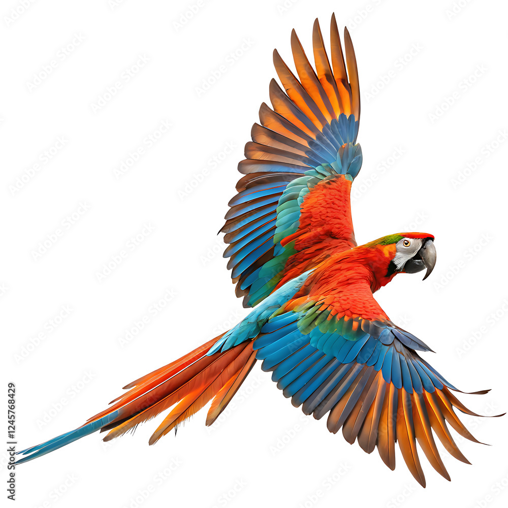 Fototapeta premium Scarlet Macaw in Flight Vibrant Tropical Bird with Open Wings Isolated on White Background