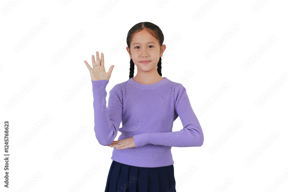 Pretty Asian girl preteen showing palm or five finger gesture standing isolated on white background. Pretty Asian girl preteen showing palm or five finger gesture standing isolated on white background.