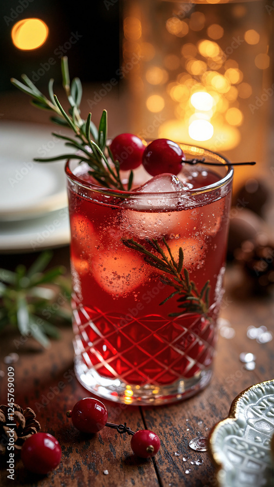 Festive Winter Cocktail with Red Berries and Thyme: Perfect for Holiday Marketing and Seasonal Beverage Promotions Festive Winter Cocktail with Red Berries and Thyme: Perfect for Holiday Marketing and Seasonal Beverage Promotions