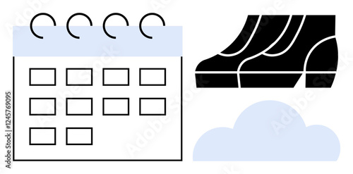 Calendar with spiral binding next to running shoes and a cloud shape. Ideal for planning, scheduling, fitness, organization, sports tracking, outdoor activities, workout plans, abstract line flat
