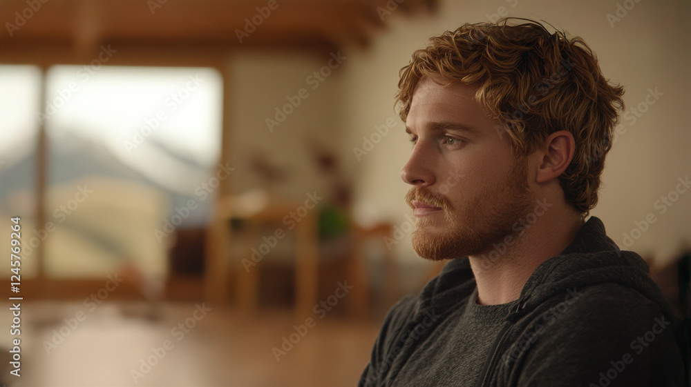 A contemplative young man sits in an airy room, gazing thoughtfully towards a scenic view through a large window. A contemplative young man sits in an airy room, gazing thoughtfully towards a scenic view through a large window.