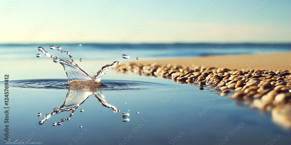 Obraz premium beach scene featuring splashing water and smooth pebbles by the shore under a clear blue sky