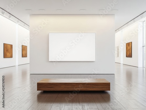 Wallpaper Mural Minimalist Art Gallery Interior with Large Blank Canvas and Wooden Bench Torontodigital.ca