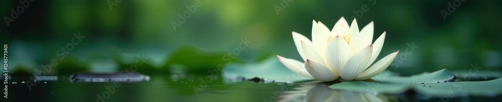 Fototapeta premium Delicate white lotus bloom rises from serene waters, lotus flower, blooming