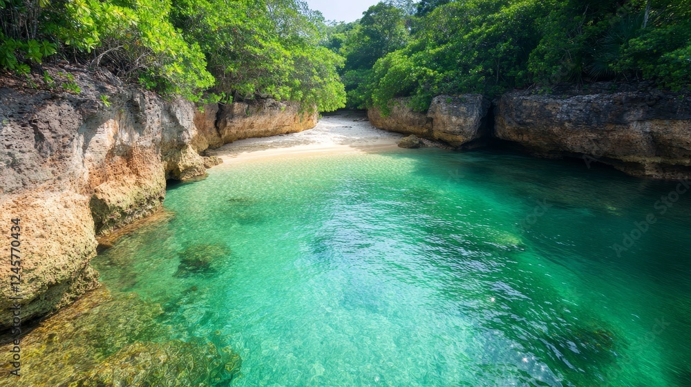 Naklejka premium Crystal Clear Lagoon Surrounded by Lush Cliffs