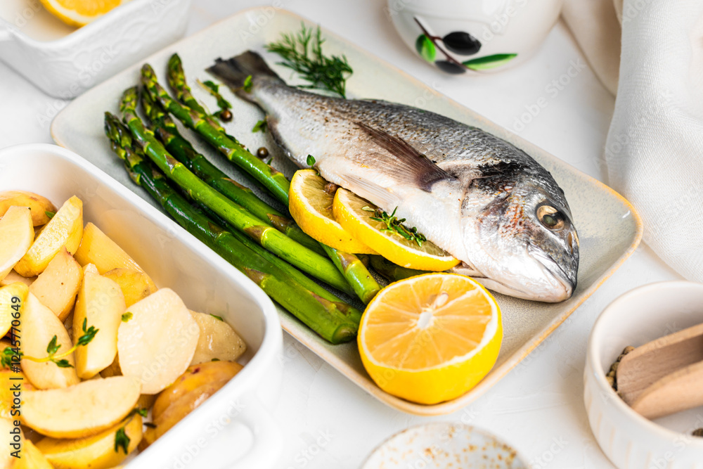 he concept of a delicious dinner. raw dorado fish with asparagus, lemon and potatoes he concept of a delicious dinner. raw dorado fish with asparagus, lemon and potatoes