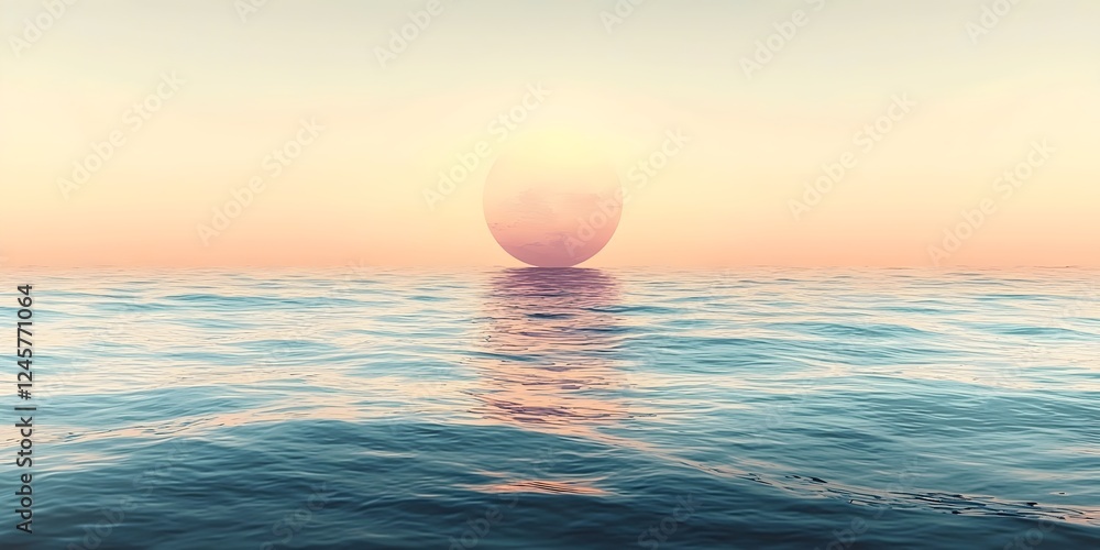 A serene seascape at sunset, featuring calm waters that reflect a large sun dipping below the horizon, casting soft pastel colors across the sky. A serene seascape at sunset, featuring calm waters that reflect a large sun dipping below the horizon, casting soft pastel colors across the sky.