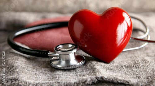 Red heart model with stethoscope on textured fabric.  Medical concept representing heart health, cardiovascular care, and medical examination. photo